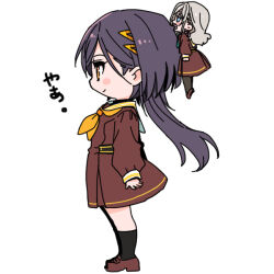  2girls aqua_neckerchief biting biting_head black_hair black_pantyhose black_socks blue_eyes blush_stickers brown_dress brown_shoes ceras_yanagida_lilienfeld commentary_request deformed dress from_side full_body grey_hair hair_ornament hair_ribbon hasu_no_sora_school_uniform jellyfish_cut katsuragi_izumi link!_like!_love_live! loafers long_hair long_sleeves love_live! mini_person minigirl multiple_girls neckerchief orange_eyes orange_neckerchief pantyhose pink_ribbon profile ribbon sailor_collar sailor_dress school_uniform shinanoya_(satanicad) shoes simple_background smile socks triangle_hair_ornament virtual_youtuber white_background white_sailor_collar winter_uniform 