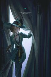  1girl absurdres asymmetrical_bangs brown_hair chinese_commentary closed_mouth coat collared_shirt commentary_request curtains eyewear_strap feet_out_of_frame flower gloves green_coat green_hat green_jacket hat hat_flower highres jacket kakania_(reverse:1999) key lapels long_hair long_sleeves looking_to_the_side neck_ribbon notched_lapels opening_curtains red_ribbon reverse:1999 ribbon round_eyewear shirt solo very_long_hair volcanoyyy white_gloves white_shirt 