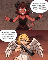  2girls angel angel_and_devil angel_wings angel_with_a_shotgun breasts brick_wall colored_skin commentary demon_girl demon_horns demon_tail english_commentary feathered_wings halo highres horns large_breasts looking_at_viewer multiple_girls open_mouth oranyaa original pointy_ears red_skin short_hair smile tail white_wings wings 