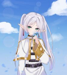  1girl belt belt_buckle black_belt blue_background blue_flower blue_sky buckle capelet closed_mouth clouds commentary cowboy_shot day dear_arisu dress earrings elf english_commentary flower frieren green_eyes grey_hair hand_up highres holding holding_flower jewelry long_hair long_sleeves looking_at_viewer outdoors parted_bangs pointy_ears procreate_(medium) sky solo sousou_no_frieren teardrop_earrings twintails white_capelet white_dress 