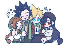  105zz 2boys 2girls aerith_gainsborough alternate_costume bare_shoulders belt belt_buckle black_hair black_hat black_pants black_skirt blonde_hair blue_eyes blush braid braided_ponytail brown_hair brown_hat brown_jacket brown_vest buckle casual closed_eyes closed_mouth cloud_strife collared_shirt commentary_request cowboy_shot cropped_legs cross_scar earrings final_fantasy final_fantasy_vii flower green_eyes green_necktie green_scarf hand_on_another's_shoulder hat hat_flower heart heart_necklace holding_hands jacket jewelry long_hair long_sleeves low-tied_long_hair multiple_boys multiple_girls necklace necktie off-shoulder_shirt off_shoulder open_clothes open_jacket open_mouth pants parted_bangs red_eyes scar scar_on_cheek scar_on_face scarf shirt short_hair simple_background skirt smile spiky_hair sweater_vest tifa_lockhart vest white_background white_shirt zack_fair 