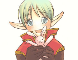  1boy blue_eyes blush brown_gloves coat commentary_request dated_commentary gloves green_hair looking_at_viewer lowres male_focus oomojiya open_mouth pointy_ears priest_(ragnarok_online) ragnarok_online red_coat short_hair simple_background smile solo stuffed_animal stuffed_rabbit stuffed_toy upper_body white_background 