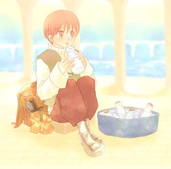  1boy bottle brown_bag brown_pants brown_vest commentary_request dated_commentary full_body long_sleeves looking_afar lowres male_focus merchant_(ragnarok_online) milk_bottle oomojiya open_mouth pants pink_eyes pink_hair ragnarok_online shirt shoes short_hair sitting solo vest white_shirt white_shoes 