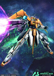  beam_gun card_(medium) commentary_request copyright_logo copyright_name copyright_notice double_beam_cannon gn_drive gundam gundam_00 gundam_arios gundam_arsenal_base hiropon_(tasogare_no_puu) logo mecha mecha_focus mobile_suit no_humans official_art robot v-fin weapon 