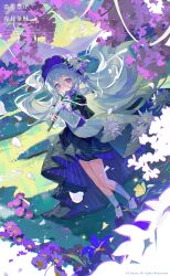  1girl absurdres black_dress bonnet closed_mouth day double-parted_bangs dress flower full_body hair_between_eyes highres holding holding_flower long_hair long_hair_between_eyes long_sleeves looking_at_viewer original outdoors purple_bonnet purple_flower purple_shoes shoes socks solo standing violet_eyes watermark white_hair white_socks yi_kuai_cha_suyou 