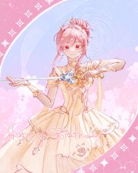  1girl :3 absurdres bare_shoulders blue_sky cherry_blossoms chinese_commentary choker closed_mouth clothing_cutout colored_eyelashes commentary_request cowboy_shot dot_nose dress earrings english_text floral_background flower frilled_arm_warmers frilled_choker frills gold_tiara gradient_sky hair_bun happy happy_birthday highres holding holding_sword holding_weapon infinity_nikki jewelry liangsheng874 light_particles long_dress melody_bloom_(infinity_nikki) nikki_(nikki) nikki_(series) outdoors pink_eyes pink_flower pink_hair pink_sky pleated_dress procreate_(medium) rapier ripples short_hair_with_long_locks short_sleeves shoulder_cutout sidelocks single_hair_bun sky smile solo sparkle standing sunset sword updo weapon yellow_arm_warmers yellow_choker yellow_dress 