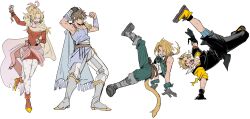  1girl 3boys absurdres bare_shoulders bartz_klauser belt black_overalls blonde_hair blue_cape blue_shirt boots breakdance brown_belt brown_hair cape cat_tail circle closed_eyes commentary_request cropped_vest dancing detached_sleeves dress final_fantasy final_fantasy_ix final_fantasy_v final_fantasy_vi final_fantasy_x flexing garbage_paper gloves gold_trim gradient_cape green_pants green_vest green_wrist_cuffs grey_boots grey_gloves grin highres hood hood_down hooded_jacket jacket korean_commentary long_hair low_ponytail multiple_boys open_mouth overalls pants pantyhose parted_bangs polka_dot polka_dot_pantyhose ponytail red_boots red_dress red_sleeves sash shirt short_dress short_hair short_hair_with_long_locks single_shoulder_pad smile strapless strapless_dress striped_clothes striped_pants tail terra_branford tidus tube_dress vest waist_sash white_background white_shirt wrist_cuffs yellow_boots yellow_jacket zidane_tribal 