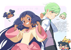  1girl 2boys :o alternate_hairstyle ash_ketchum black_hair brown_eyes cilan_(pokemon) dark-skinned_female dark_skin green_eyes green_hair hair_down iris_(pokemon) long_hair long_sleeves looking_at_viewer multiple_boys on_head one_eye_closed pikachu pokemon pokemon_(anime) pokemon_(creature) pokemon_bw_(anime) pokemon_on_head purple_hair red_eyes serizawa_serizane shirt short_hair smile sweatdrop teeth translation_request very_long_hair vest white_shirt wide_sleeves yellow_shirt 