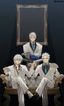  3boys bare_pectorals black_footwear blue_eyes blue_necktie card closed_mouth couch crossed_legs cumcmn dante_(devil_may_cry) devil_may_cry_(series) devil_may_cry_5 eyebrows_visible_through_hair formal frown grey_hair gun hair_between_eyes hair_slicked_back handgun highres holding holding_card holding_gun holding_weapon light_particles light_rays looking_at_viewer male_focus mega_man_(series) multiple_boys necktie nero_(devil_may_cry) parody pectorals picture_frame pistol red_necktie revolver sitting smile spiky_hair standing suit twitter_username vergil_(devil_may_cry) weapon white_footwear white_hair white_suit 
