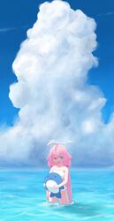  1girl absurdres bikini blue_archive clouds cloudy_sky halo heterochromia highres hoshino_(blue_archive) inflatable_toy inflatable_whale lifexe long_hair low_twintails ocean official_alternate_hairstyle partially_submerged pink_hair sky smile solo swimsuit twintails 