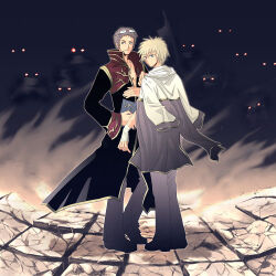  2boys black_coat blonde_hair brown_hair closed_mouth coat commentary_request dated_commentary eyes_in_shadow eyewear_on_head full_body glasses gold_trim grey_jacket grey_pants jacket jacket_on_shoulders long_sleeves looking_at_viewer lowres male_focus monk_(ragnarok_online) multicolored_coat multiple_boys oomojiya pants priest_(ragnarok_online) ragnarok_online red_coat short_hair smile standing tile_floor tiles two-tone_coat white_jacket 