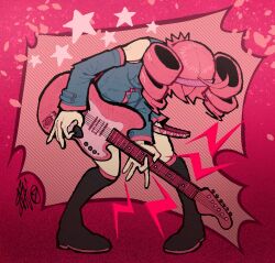 1girl ahoge boots commentary commission detached_sleeves drill_hair electric_guitar english_commentary full_body guitar head_down highres instrument kasane_teto kasane_teto_(utau) knee_boots long_sleeves music pink_background pink_hair playing_guitar playing_instrument pleated_skirt plectrum shirt skirt sleeveless sleeveless_shirt solo star_(symbol) twin_drills twintails utau verycansado