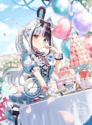  1girl :q balloon black_hair blue_dress blue_eyes blunt_bangs braid breasts cake choppy_bangs dress eating food hand_up heart_balloon highres holding holding_food holding_macaron indie_virtual_youtuber kagura_mea licking_lips long_hair looking_at_viewer macaron maid medium_breasts momoshiki_tsubaki multicolored_hair outdoors puffy_short_sleeves puffy_sleeves ribbon short_sleeves solo tongue tongue_out twintails two-tone_hair virtual_youtuber white_hair white_ribbon yellow_eyes 