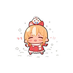  1girl :d ^_^ blush_stickers bow brown_hair chibi closed_eyes facing_viewer full_body fur-trimmed_jacket fur_trim gloves hair_bow hololive jacket long_sleeves multicolored_hair on_head pointy_ears red_bow red_gloves red_jacket red_shoes sasaki_(glass1138) shiranui_flare shoes smile snow snowing solo standing streaked_hair translation_request virtual_youtuber white_background white_hair 