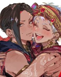  2boys arabian_clothes arm_around_shoulder arm_tattoo armlet blush braid brown_hair cheek-to-cheek closed_eyes earrings grey_eyes heads_together jamil_viper jewelry kalim_al-asim kuzuvine long_hair looking_to_the_side male_focus multiple_boys nervous_sweating open_mouth piercing sideways_glance simple_background sleeveless smile sweat tattoo teeth twisted_wonderland upper_body white_background white_hair 