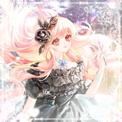  1girl aegyo_sal aerial_fireworks artist_request bare_shoulders bead_bracelet bead_necklace beads black_bow black_dress black_flower bow bracelet brown_eyes camellia castle closed_mouth collarbone commission dress dress_bow eyelashes fireworks floating flower frilled_dress frills gown hair_flower hair_ornament happy hexagram highres holding holding_fireworks jewelry leaf_hair_ornament light_blush light_smile long_dress long_hair long_sidelocks looking_ahead necklace night night_sky nikki_(nikki) nikki_(series) off-shoulder_dress off_shoulder outdoors picture_frame pink_hair pink_lips second-party_source short_sleeves sidelocks sky solo sparkle sparkler star_(symbol) star_necklace upper_body very_long_hair 