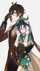  2boys argyle_clothes argyle_pantyhose beret bespectacled black_gloves black_hair blue_hair blush braid brown_hair cape capelet collared_cape commentary earrings flower genshin_impact glasses gloves gradient_hair green_cape green_capelet green_eyes green_hat green_shorts hair_between_eyes hat hat_flower highres jewelry kagami333r18 long_hair long_sleeves multicolored_hair multiple_boys necktie short_hair_with_long_locks shorts side_braids single_earring suit symbol-only_commentary thumb_ring twin_braids venti_(genshin_impact) white_flower white_necktie yellow_eyes zhongli_(genshin_impact) 