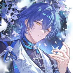  1boy blue_eyes blue_hair blue_ribbon closed_mouth crossed_bangs expressionless eyelashes fingernails flower hair_between_eyes hair_intakes heterochromia highres leaf looking_at_viewer male_focus original purple_flower ribbon short_hair sidelocks solo square upper_body watermark white_flower xuan_xuan_xuan_za yellow_eyes 