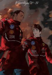  2boys blue_eyes brown_hair byqkylrnllljmoy charles_leclerc closed_eyes closed_mouth curly_hair dark-skinned_male dark_skin earrings formula_one hashtag hewlett-packard highres ibm jewelry lewis_hamilton long_sleeves looking_to_the_side male_focus multiple_boys parted_lips piercing racing_suit real_life red_racing_suit sideburns sideways_glance smoke 