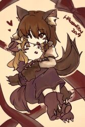  2019 2girls animal_ears blonde_hair blush_stickers bow brown_eyes brown_hair dress fake_animal_ears fake_claws fake_tail hair_bow halloween_costume hands_on_another's_arm hat heart hug leaning_back long_sleeves looking_at_viewer maribel_hearn mob_cap multiple_girls no_headwear open_mouth orange_background purple_dress red_bow sanwa_no_jako_(daikichi_club) shirt short_hair sitting sleeve_garter tail touhou usami_renko white_bow white_hat white_shirt wolf_ears wolf_tail yellow_eyes yuri 