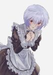  1girl apron ayanami_rei bangs blue_hair blush commentary_request highres long_sleeves looking_at_viewer maid maid_apron meibing_uc neon_genesis_evangelion parted_lips puffy_long_sleeves puffy_sleeves red_eyes short_hair simple_background solo white_apron white_background 