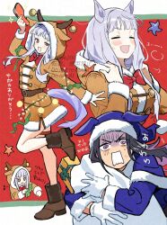  2girls animal_costume animal_ears animal_hood antlers black_hair blue_capelet blue_dress blue_hat blunt_bangs blush boots breasts brown_boots capelet christmas closed_eyes closed_mouth dress fake_antlers fenomeno_(umamusume) fur-trimmed_capelet fur-trimmed_dress fur-trimmed_headwear fur_trim gift gloves gold_ship_(umamusume) grey_hair hat hat_with_ears highres holding holding_gift holding_sack hood hood_down horns horse_ears horse_girl horse_tail koppe_koppe long_hair long_sleeves multicolored_hair multiple_girls official_alternate_costume open_mouth purple_hair reindeer_antlers reindeer_costume reindeer_hood sack santa_costume santa_dress santa_hat smile star_(symbol) tail umamusume violet_eyes white_gloves 