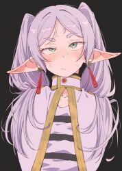  1girl blush capelet closed_mouth collarbone commentary_request eitopondo elf frieren grey_hair highres long_hair pointy_ears shirt solo sousou_no_frieren striped_clothes striped_shirt sweat twintails upper_body white_capelet 