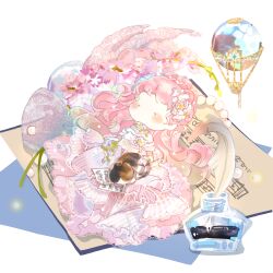  1girl aircraft animal_on_lap beads blush_stickers bouquet bracelet braid brooch calico_(pattern) calico_cat cat cat_on_lap chibi chinese_commentary choker closed_eyes commentary_request crown_braid dress flower flower_bracelet flower_brooch flower_choker frilled_choker frills gloves gown hair_beads hair_bun hair_flower hair_ornament half_updo highres hot_air_balloon inkwell interruption_(echo-023) jewelry lace-trimmed_dress lace_trim lavender_(flower) leaf light_blush long_dress long_hair long_sidelocks lying nikki_(nikki) nikki_(series) nikki_up2u2:_world_traveller no_mouth off-shoulder_dress off_shoulder on_back on_lap oversized_flower peony_(flower) petting pink_choker pink_dress pink_flower pink_gloves pink_hair pleated_dress procreate_(medium) quill shadow sheet_music short_sleeves sidelocks simple_background sincere_dream_trip_(nikkiup2u2) single_hair_bun solo striped_clothes striped_dress vertical-striped_clothes vertical-striped_dress very_long_hair wavy_hair white_background 