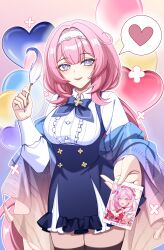  1girl absurdres balloon black_thighhighs blue_scarf blue_skirt breasts chinese_commentary commentary_request elysia_(coco)_(honkai_impact) elysia_(hi_love_elf)_(honkai_impact) elysia_(honkai_impact) hairband heart heart_balloon highres holding holding_photo holding_quill honkai_(series) honkai_impact_3rd large_breasts long_hair looking_at_viewer photo_(object) pink_hair quill scarf shirt skirt smile solo spoken_heart thigh-highs thighs very_long_hair white_hairband white_shirt yangyangwoyaaiziyou zettai_ryouiki 