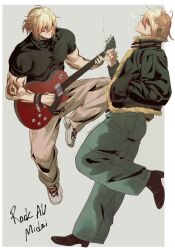  1boy abs alternate_costume arm_tattoo armlet black_coat black_jacket black_shirt black_shoes blonde_hair braid brown_pants clawed_gauntlets coat commentary earrings electric_guitar english_commentary facial_tattoo fur-trimmed_jacket fur_trim gold_earrings gold_necklace gradient_hair guitar hanamirru highres holding holding_guitar holding_instrument honkai:_star_rail honkai_(series) instrument jacket jewelry male_focus medium_hair multicolored_hair multiple_views music mydei_(honkai:_star_rail) necklace open_clothes open_coat pants playing_instrument red_hair red_tattoo shirt shoes side_braid smoking tattoo toned toned_male yellow_eyes 