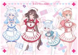  4girls alternate_costume alternate_hairstyle animal_ears apron blue_dress blue_eyes blue_hair blue_ribbon bow brown_hair cohato00 dress frilled_apron frills furina_(genshin_impact) genshin_impact hair_between_eyes hat highres hu_tao_(genshin_impact) long_hair multicolored_hair multiple_girls nurse nurse_cap pink_dress pink_hair puffy_short_sleeves puffy_sleeves red_dress red_eyes ribbon short_sleeves sigewinne_(genshin_impact) streaked_hair syringe white_apron white_hair yanfei_(genshin_impact) 