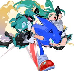  1boy 2girls amy_rose animal_ears aqua_eyes aqua_hair aqua_necktie black_sleeves blue_fur breasts carrying carrying_person cosplay crossover detached_sleeves explosion gloves green_eyes grey_shirt hatsune_miku hatsune_miku_(cosplay) headphones hedgehog_girl lilin1194885 long_hair multiple_girls necktie open_mouth red_shoes running shirt shoes skirt sonic_(series) sonic_the_hedgehog tearing_up thigh-highs twintails very_long_hair vocaloid white_gloves 