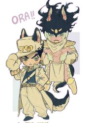  1boy animal_ears animal_hands belt black_hair blue_hair chibi coat commentary diamond_wa_kudakenai ears_through_headwear full_body gloves hand_in_pocket hat highres jojo_no_kimyou_na_bouken kemonomimi_mode kujo_jotaro looking_at_viewer male_focus mnnd multiple_belts paw_gloves popped_collar stand_(jojo) star_platinum symbol-only_commentary tail wolf_ears wolf_tail 