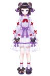  1girl animal_slippers bangs black_footwear black_hair blush bow chobi_(penguin_paradise) collared_shirt copyright_request double_bun hair_bun hair_ornament highres long_sleeves multicolored_hair multiple_views official_art pleated_skirt puffy_long_sleeves puffy_sleeves purple_hair purple_shirt purple_skirt red_bow see-through shirt simple_background skirt skull_hair_ornament sleeves_past_wrists slippers socks two-tone_hair two_side_up violet_eyes virtual_youtuber white_background white_legwear 
