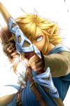  1boy arrow_(projectile) blonde_hair blue_eyes bow_(weapon) covered_face fingerless_gloves gloves highres holding holding_weapon incoming_attack jumping link looking_at_viewer male_focus pointy_ears pulling_back rangetsu_yukka simple_background staring the_legend_of_zelda the_legend_of_zelda:_breath_of_the_wild twisted_torso weapon white_background 