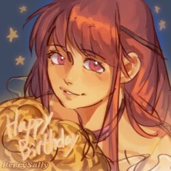  1girl artist_name berrysally black_ribbon blue_background bra_strap chinese_commentary choker collarbone commentary_request english_text eyelashes frilled_shirt_collar frills hair_ribbon happy happy_birthday highres infinity_nikki light_blush lips long_hair long_sidelocks low_twintails nikki_(nikki) nikki_(series) nostrils off-shoulder_shirt off_shoulder parted_lips perfect_start_(infinity_nikki) pink_choker pink_eyes pink_hair ribbon shirt sidelocks single_stripe sketch smile solo star_(symbol) star_symbol_background striped_choker tress_ribbon twintails upper_body white_shirt 