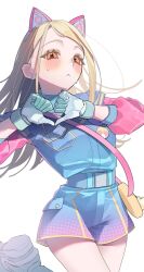  1girl :< animal_ears blonde_hair blush cat_ears commentary_request fake_animal_ears gakuen_idolmaster gloves heart heart_hands highres idolmaster jacket long_hair looking_at_viewer orange_eyes shine_asahi shinosawa_hiro short_shorts shorts solo sweatdrop 