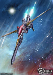  beam_rifle buster_rifle commentary_request copyright_logo copyright_name copyright_notice energy_gun gundam gundam_arsenal_base gundam_wing hayaken_sarena logo mecha mechanical_wings mobile_suit no_humans official_art robot v-fin weapon wing_gundam wings 