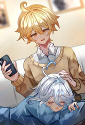  1boy 1girl absurdres aether_(genshin_impact) bimmy blonde_hair blue_hair blue_shirt brown_sweater cellphone commentary english_commentary furina_(genshin_impact) genshin_impact hair_between_eyes highres holding holding_phone long_sleeves multicolored_hair open_mouth phone shirt short_hair smartphone smile streaked_hair sweater white_hair white_shirt yellow_eyes 