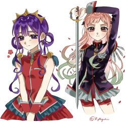  2girls akane_aoi black_jacket commentary cosplay crown dress flower gradient_hair green_hair hair_rings hashtag-only_commentary highres himemiya_anthy himemiya_anthy_(cosplay) holding holding_sword holding_weapon jacket jibaku_shounen_hanako-kun long_hair long_sleeves multicolored_hair multiple_girls pink_hair purple_hair red_dress red_eyes red_shorts red_wrist_cuffs rose ryllychee shorts shoujo_kakumei_utena sword sword_of_dios tenjou_utena tenjou_utena_(cosplay) weapon white_flower white_rose wrist_cuffs yashiro_nene 