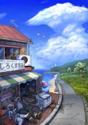  1boy 1girl absurdres awning beach belt bench boots bucket clouds commentary_request day dock food freezer furry furry_female furry_male grass highres holding holding_food holding_popsicle horns lighthouse ocean open_window original outdoors popsicle road sandals scenery sheep_girl sheep_horns shop sign sitting skirt sky summer teruterubouzu tetrapod tongue tongue_out tree window wolf_boy wolfeed 