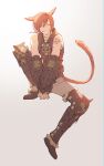  1boy animal_ears arm_tattoo armor bare_shoulders braid braided_ponytail brown_footwear cat_boy cat_ears cat_tail closed_eyes facial_mark facing_viewer final_fantasy final_fantasy_xiv full_body fur_trim g&#039;raha_tia greaves grey_background grin highres knee_up male_focus miqo&#039;te own_hands_together pouch redhead shirt shoes short_hair short_ponytail simple_background single_braid sitting sleeveless sleeveless_shirt smile solo tail tail_raised tattoo v-shaped_eyebrows v_arms vambraces zinnkousai3850 