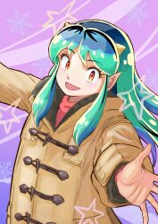  1girl aqua_hair brown_coat coat commentary_request cone_horns eyelashes horns long_hair lum miz_mus orange_eyes pointy_ears purple_background reaching reaching_towards_viewer sidelocks snowflakes solo star_(symbol) urusei_yatsura winter_clothes 