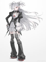  1girl absurdres black_dress black_leggings contrapposto criss-cross_straps cross dress frilled_dress frills full_body garter_straps gothic_punk gradient_background highres leggings long_hair looking_at_viewer loose_socks original puffy_sleeves red_eyes socks solo standing torn_clothes torn_leggings two_side_up watermark weibo_username weibo_watermark white_dress zhangyu_guagua 