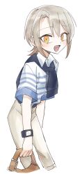  1girl :d alternate_costume bag blue_shirt brown_pants collared_shirt commentary_request hasumi_leia highres holding holding_bag looking_at_viewer mahou_shoujo_no_majo_saiban open_mouth pants shirt short_hair short_sleeves simple_background smile solo standing striped_clothes striped_shirt suno_(imydream) white_background yellow_eyes 