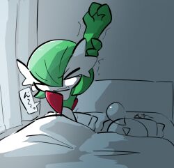  >_< 1girl 1other arms_up bed bob_cut closed_eyes closed_mouth colored_skin commentary_request curtains flat_chest gardevoir green_hair green_skin hair_between_eyes highres holding_own_arm indoors lettuce_no_hito multicolored_skin nose_bubble open_mouth outstretched_arm partially_colored pillow pokemon pokemon_(creature) short_hair sketch sleeping speech_bubble stretching tears translation_request trembling two-tone_skin under_covers wavy_mouth white_skin 