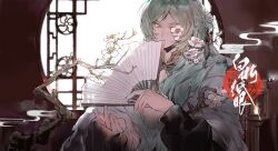  1boy absurdres baishui_zhi_yan branch chinese_clothes covered_mouth fingernails fire flower flower_on_face green_eyes green_hair green_hanfu hand_fan hanfu highres holding holding_fan indoors lattice long_hair long_sleeves looking_at_viewer male_focus one_eye_covered original sidelocks smoke solo upper_body very_long_hair white_flower wide_sleeves window 