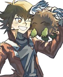  angel_wings black_shirt blush brown_eyes brown_fur brown_hair closed_eyes duel_academy_uniform_(yu-gi-oh!_gx) duel_monster happy highres jacket matcha_l77 petting red_jacket shirt smile spiky_hair winged_kuriboh wings yu-gi-oh! yu-gi-oh!_gx yuki_judai 