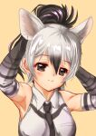  1girl aardwolf_(kemono_friends) aardwolf_ears aardwolf_print absurdres animal_ears animal_print armpits arms_behind_head arms_up bangs bare_shoulders black_eyes black_hair black_necktie breast_pocket closed_mouth collared_shirt elbow_gloves extra_ears eyebrows_visible_through_hair gloves grey_hair hair_between_eyes hakumaiya high_ponytail highres kemono_friends long_hair looking_at_viewer multicolored_hair necktie pocket print_gloves print_shirt shiny shiny_hair shirt sidelocks simple_background sleeveless sleeveless_shirt smile solo two-tone_hair upper_body wing_collar yellow_background 