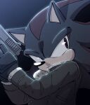  1boy absurdres animal_ears animal_nose chronocrump closed_mouth coat commentary furry furry_male gloves gun highres holding holding_weapon looking_to_the_side male_focus shadow_the_hedgehog sneaking sonic_(series) weapon 